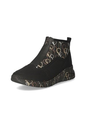 Bottine noire avec une fermeture éclair élastique, une tige texturée et une semelle à motifs présentant des designs abstraits dorés et beiges.