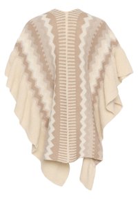 Beige og creme mønstret poncho med zigzag- og lodrette stribedesign, der har blød tekstur og draperede ærmer. Fremstillet af strikket materiale.