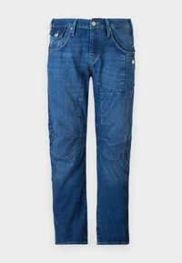 Blue denim trousers with a straight cut, featuring classic five-pocket design and additional side pockets. Distressed texture on fabric.