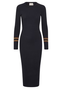 Robe à manches longues côtelée bleu foncé avec une coupe moulante. Elle présente deux bandes horizontales dorées sur les manches. Longueur mi-mollet.