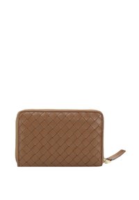 Brown woven leather wallet with a rectangular shape, zip closure, and a wrist strap. Smooth texture and detailed interlaced pattern.