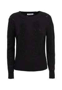 Maglione nero lavorato a maglia con orlo a coste e motivo testurizzato con dettagli a oggetto. Maniche lunghe e scollatura a girocollo.