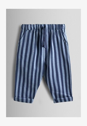 Modre in mornarsko modre črtaste trenirke s elastičnim pasom z zategovalnim trakom, stranskimi žepi in zavihanimi manšetami. Iz bombažne mešanice.