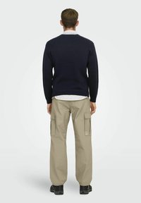 Sweater de color navy superpuesto sobre una camisa blanca con cuello, combinado con pantalones cargo beige que tienen bolsillos laterales, visto desde la parte de atrás.