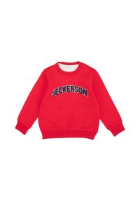 Red sweatshirt made of soft fabric with long sleeves, ribbed cuffs and hem, featuring the text "JECKERSON" in bold, contrasting colors.