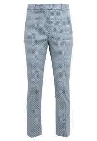 Geprinte broek met een lichtblauwe achtergrond, met witte en donkerblauwe geometrische vormen. Slanke pasvorm met een vlakke voorkant.