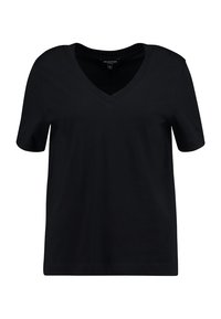 Schwarzes V-Ausschnitt-T-Shirt mit kurzen Ärmeln, aus weichem Stoff gefertigt. Das Design bietet eine lässige Passform und minimalistischen Stil, ohne Muster oder Akzente.