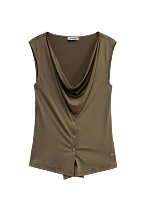 Blouse sans manches vert olive avec un col drapé et trois boutons au centre devant, fabriquée par Salsa Jeans.