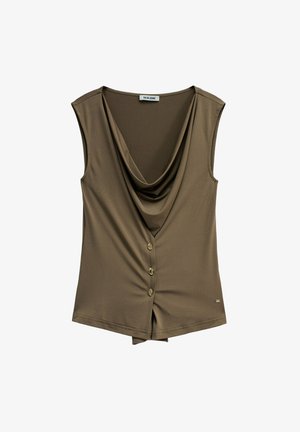 Blouse sans manches vert olive avec un col drapé et trois boutons au centre devant, fabriquée par Salsa Jeans.