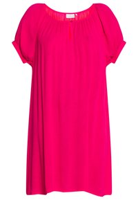 Fuchsia short-sleeve dress with a round neckline, gathered detail at the shoulders, and a subtle button closure at the front.