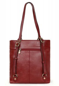 Borsa tote in pelle rossa con spalline regolabili, tasca frontale con zip, superficie texture e accenti hardware minimi, caratterizzata da un design semplice e moderno.