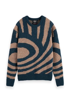 Sweter z dzianiny z okrągłym dekoltem, teksturowym materiałem w odcieniach brązu i ciemnego turkusu z wzorem w wiry, z prążkowanymi mankietami i dołem.