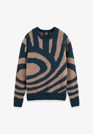 Strikket sweater med rund hals, tekstureret stof i brun og mørk teal med et svirle mønster, ribbede ærmer og kant.