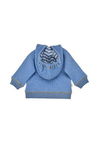 Blue quilted hoodie with a striped interior hood. Features ribbed cuffs and hem, accent stitching, and a tag on the side.