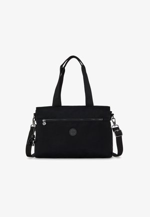 Borsa tote in nylon nero con manici superiori doppi, una tracolla staccabile, tasca frontale con zip e dettaglio del logo. Texture liscia e forma rettangolare.