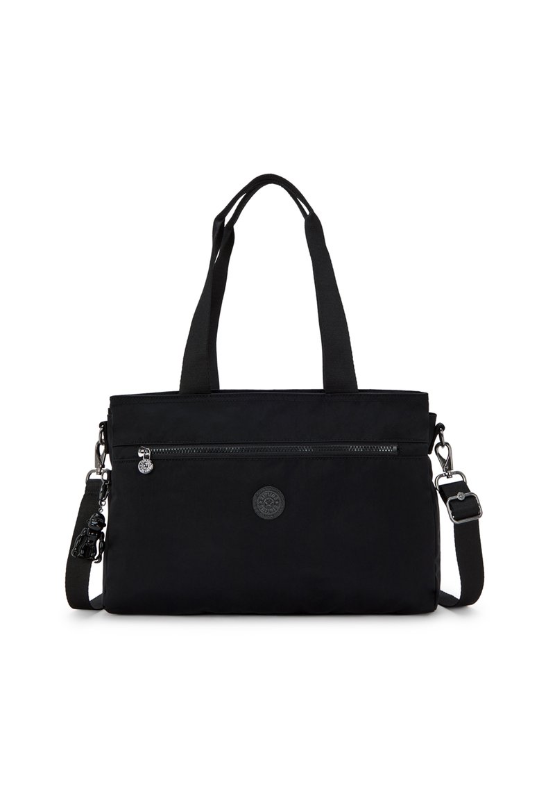 Schwarze Nylon-Tote-Tasche mit doppelten oberen Griffen, einem abnehmbaren Schultergurt, einer vorderen Reißverschlusstasche und Logodetail. Glatte Textur und rechteckige Form.