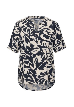 Zwart-witte blouse met bloemenpatroon, korte mouwen, V-hals en afgeronde zoom, gemaakt van lichtgewicht stof.