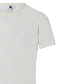 Kortærmet T-shirt med rund hals i blødt, lys cremefarvet stof. Har et mærke med "DOVRE MEDIUM" og glatte, minimale syninger rundt om halsudskæringen.