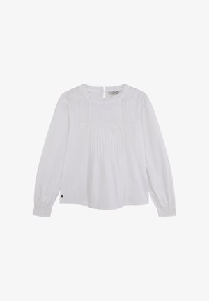Blusa blanca de manga larga con detalles bordados, pliegues en el frente y puños elásticos con cierre en forma de ojal en la parte posterior.