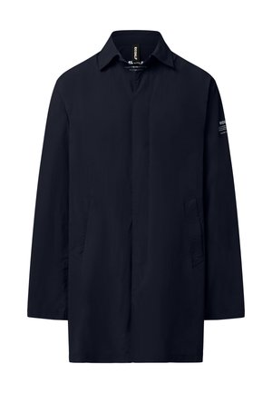 Chaqueta azul marino oscuro de manga larga sin abotonar con cuello, dos bolsillos delanteros y pequeño texto con el logo en la manga derecha.