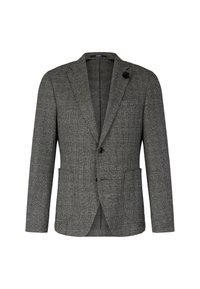 Grijs getailleerd blazer met een notch-lapel, enkele knoopsluiting en twee voorzakken. Gemaakt van een gestructureerde stof met een getailleerde pasvorm.