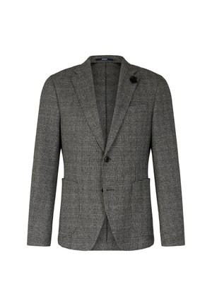 Grijs getailleerd blazer met een notch-lapel, enkele knoopsluiting en twee voorzakken. Gemaakt van een gestructureerde stof met een getailleerde pasvorm.