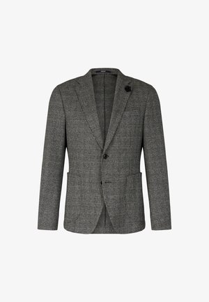 Grijs getailleerd blazer met een notch-lapel, enkele knoopsluiting en twee voorzakken. Gemaakt van een gestructureerde stof met een getailleerde pasvorm.