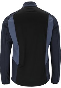 Svart och marinblå softshell-jacka med ståkrage, med kontrasterande paneldesign och långa ärmar. Slät textur, skräddarsydd passform.