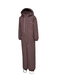 Brun isoleret heldragt med lynlås, hætte, elastiske manchetter og to sidelommer. Indeholder et lille mærke på brystet.