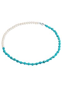 Turquoise og hvid perle halskæde. Runde perler i forskellige størrelser, der skifter mellem glatte perler og tekstureret turkis. Metal lukning.