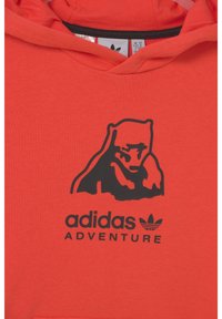 Oranžová mikina s kapucí s grafikou černého medvěda a nápisem "adidas ADVENTURE". Měkká tkanina, se černě lemovaným výstřihem.