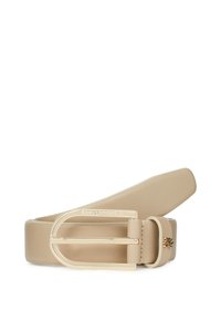 Beige leather belt featuring a shiny gold rectangular buckle and subtle branding on the strap. Smooth texture with a minimalist design.