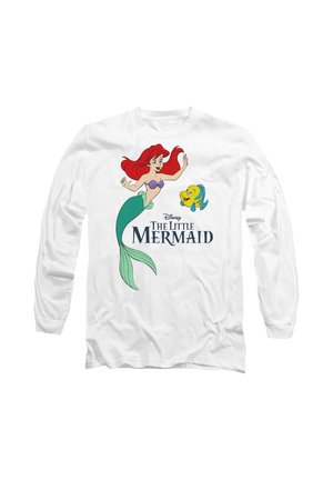White long-sleeve shirt featuring an illustration of a mermaid with long red hair, wearing a purple top, swimming alongside a yellow fish.