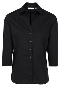 Chemise noire à boutons avec col pointu, manches longues avec poignets, fabriquée en tissu lisse, avec une rangée de boutons noirs sur le devant.