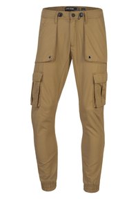 Cargo broeken gemaakt van lichtgewicht stof, kleur kaki, taps toelopende pasvorm, elastische boorden, twee zijzakken en twee cargozakken met drukknoopsluitingen.