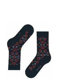 Marineblaue Socken mit floralem Muster in Rot, Orange und Grau, mit gerippten Akzenten und einem Logodetail an der Unterseite.