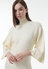 Crème-kleuriige coltrui met geribbelde textuur, brede mouwen en een aansluitende silhouet. De stof lijkt zacht en licht van gewicht.