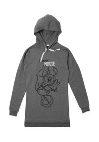 Felpa grigia con grafica frontale di un personaggio dei cartoni animati con orecchie e fiocco, con cappuccio bianco, maniche lunghe e polsini a coste.