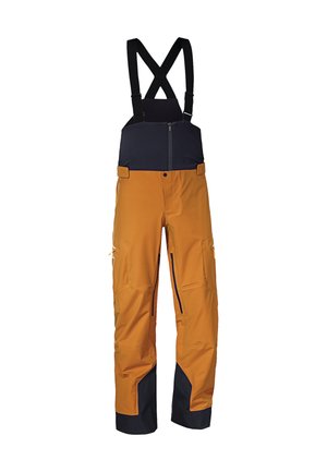 Pantalones de bib de trabajo en naranja y azul marino, con material duradero, tirantes ajustables, un frente con cremallera y bolsillos tipo cargo para utilidad.