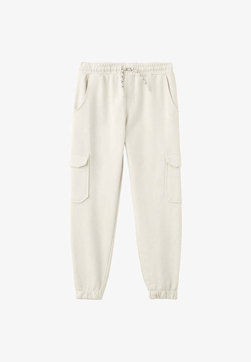 Pantalon cargo jogger beige clair avec ceinture élastique, cordon de serrage, poches latérales, poches à rabat sur les cuisses et poignets élastiques aux chevilles.