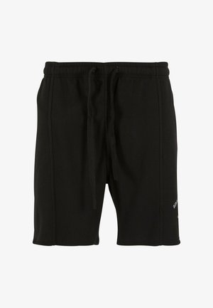Svarte sporty shorts laget av teksturert stoff, med elastisk linning, snøring og subtil merkevare på underbenet.