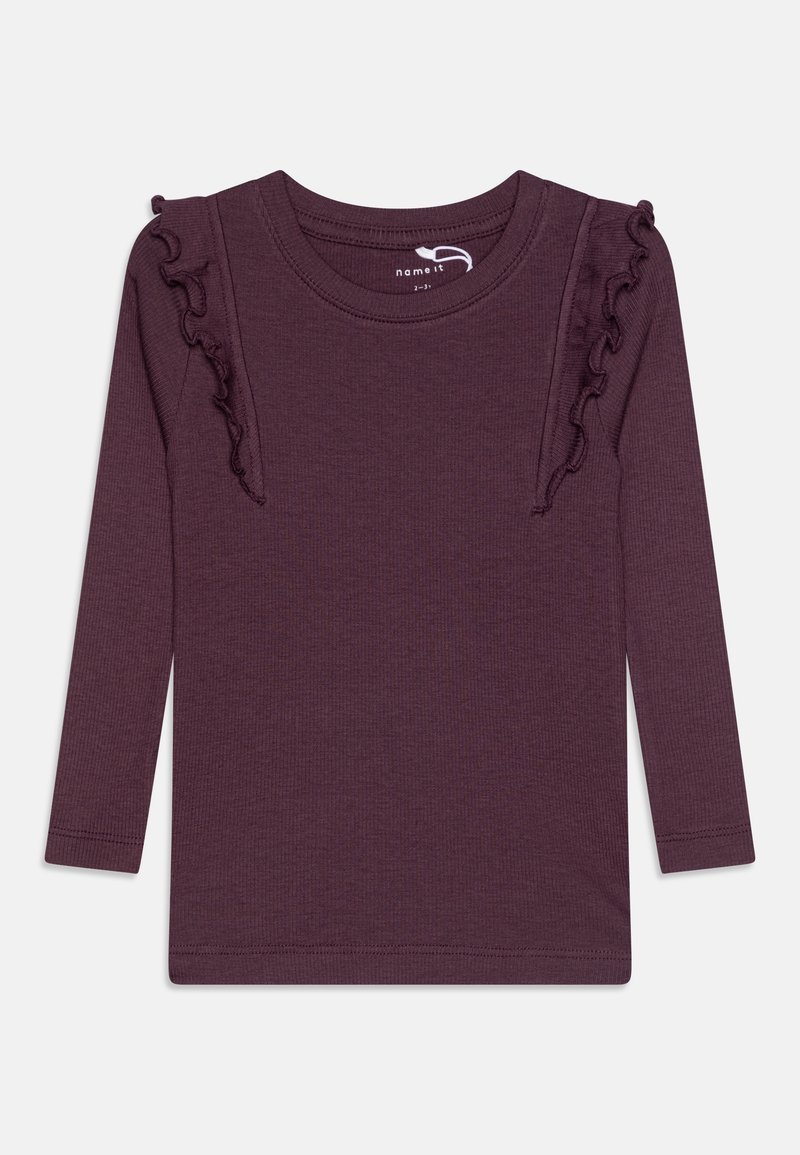 T-shirt violet foncé à manches longues côtelées avec encolure ronde et détails de volants le long des épaules avant, taille enfant 2-3 ans.