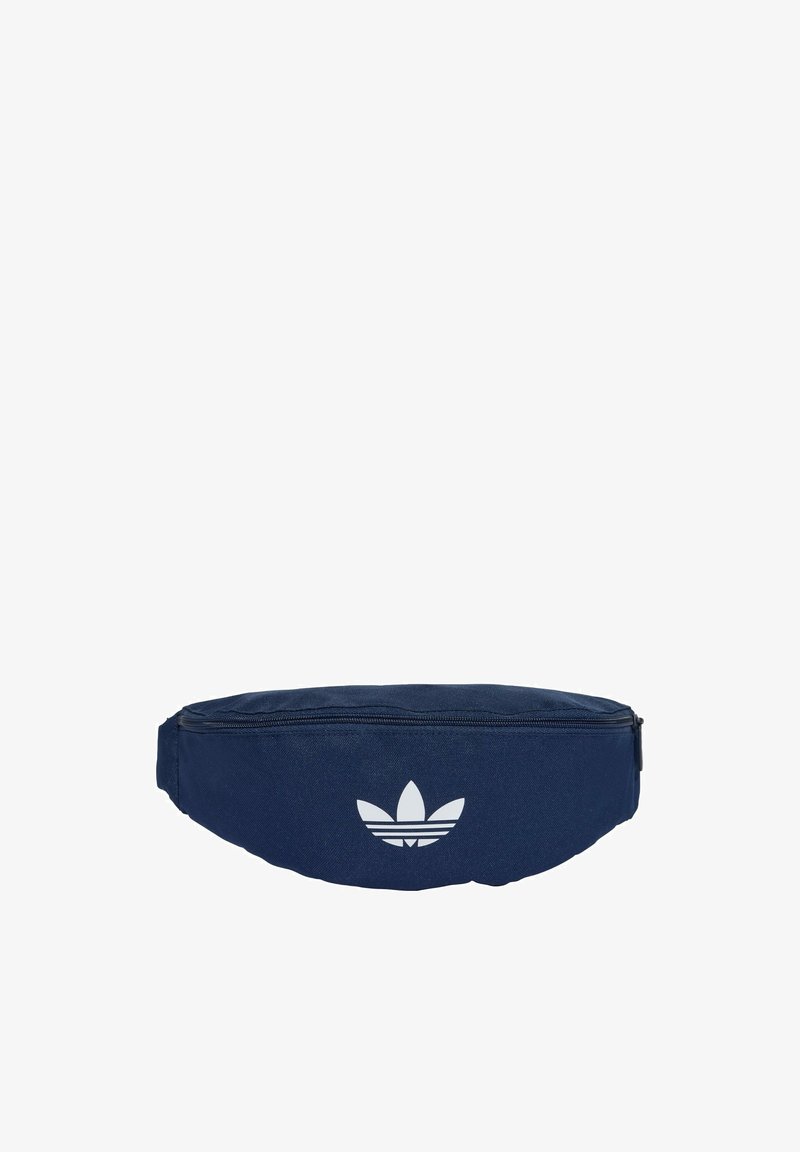 Navy blue fabric fanny pack with a zip closure, featuring a white Adidas logo on the front and a smooth texture.
