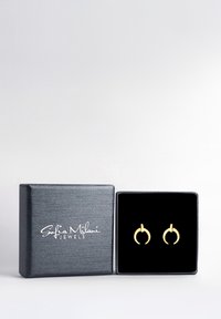 Guldörhängen i form av hoops som visas i en svart sammetsträdd låda. Lådan har en textur med en slät, blank yta och en logotyp i vitt. Örhängena är enkla och runda.