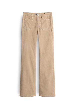 Beige Cord-Hosen mit weitem Bein, aufgesetzten Taschen vorne, Gürtelschlaufen und einem Knopfverschluss in der Taille.