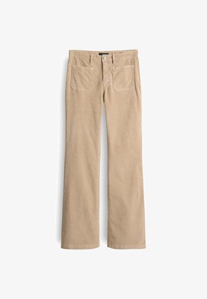 Beige Cord-Hosen mit weitem Bein, aufgesetzten Taschen vorne, Gürtelschlaufen und einem Knopfverschluss in der Taille.