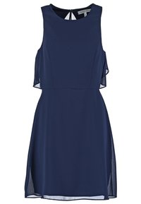 Robe sans manches bleu marine longueur genou avec un col rond et des détails subtils de volants sur les côtés.