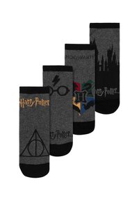 Four pairs of gray cotton socks featuring Harry Potter designs: logos, symbols, and Hogwarts colors in patterns on varying background shades.