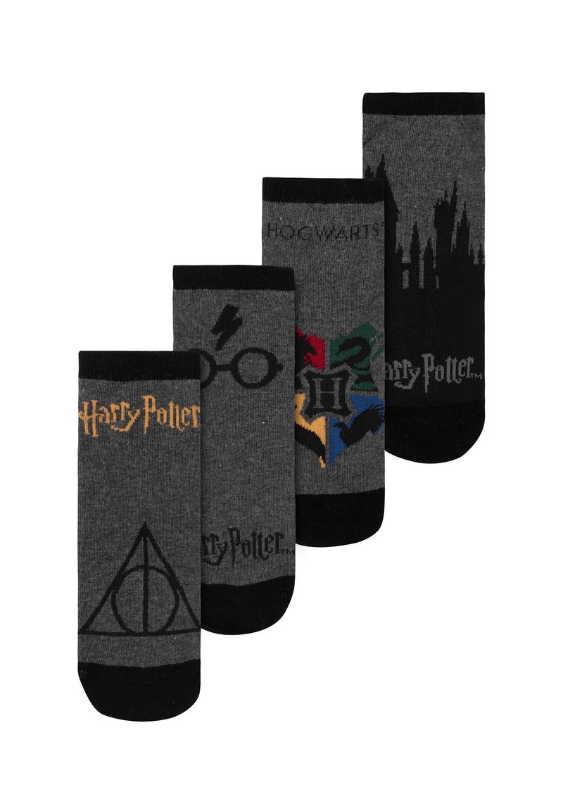 Four pairs of gray cotton socks featuring Harry Potter designs: logos, symbols, and Hogwarts colors in patterns on varying background shades.