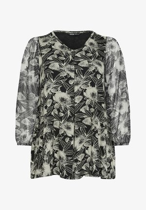 Schwarzes Blumenoberteil mit transparenten langen Ärmeln, das weiße botanische Muster aufweist, einen V-Ausschnitt hat und locker geschnitten ist. Strukturierter Stoff.